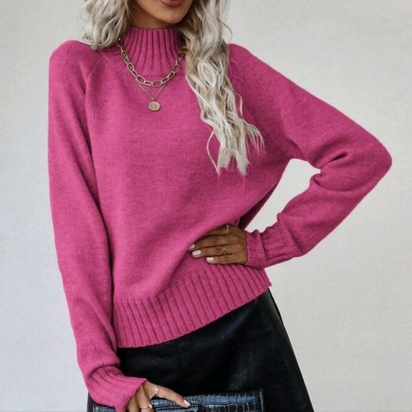 New Ribbed High Low Mock Neck Knit Sweater Top Bright Pink - Picture 3 of 9
